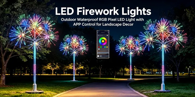 Multi-color RGB LED firework pole light, waterproof outdoor commercial firework motif light for park and street landscape decoration
